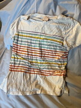 Vintage Anthropologie Cream Tee with Multicolor Hem Stripes